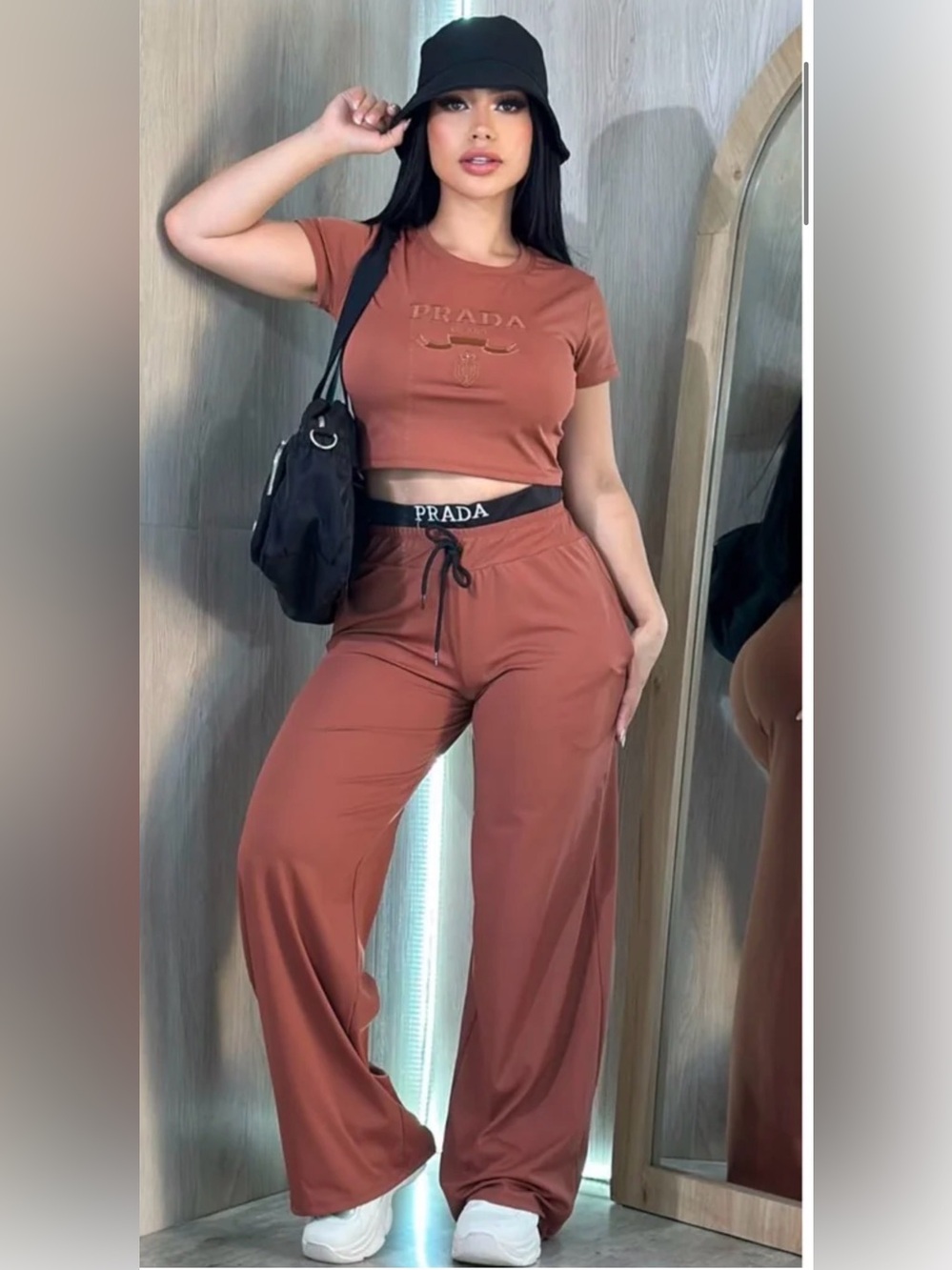 Prada Rust Two-Piece Crop Top & Wide-Leg Pants Set size S